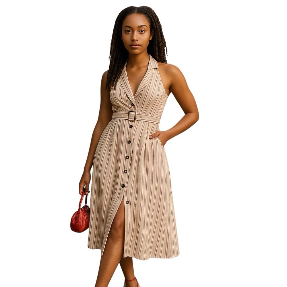Anthropologie Maeve Plus Size 16P Embroidered Stripe Linen Halter Midi Dress